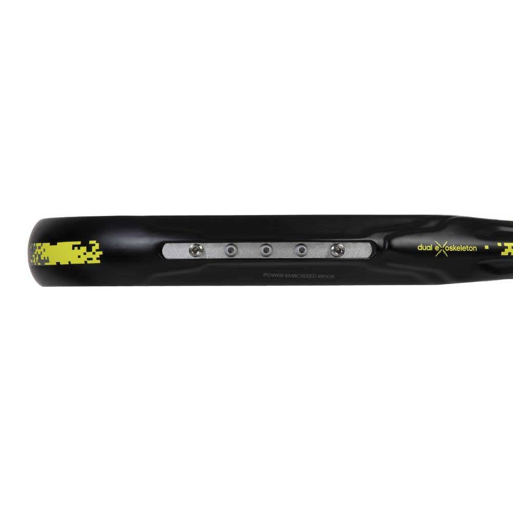Close-up of the adidas Adipower multiweight padel racket in black and yellow, showcasing its design and features.