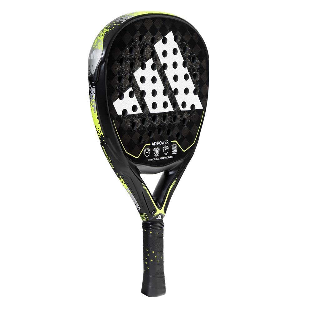 Adidas Adipower 3.2 racquet with diamond shape and textured surface for enhanced spin in padel.