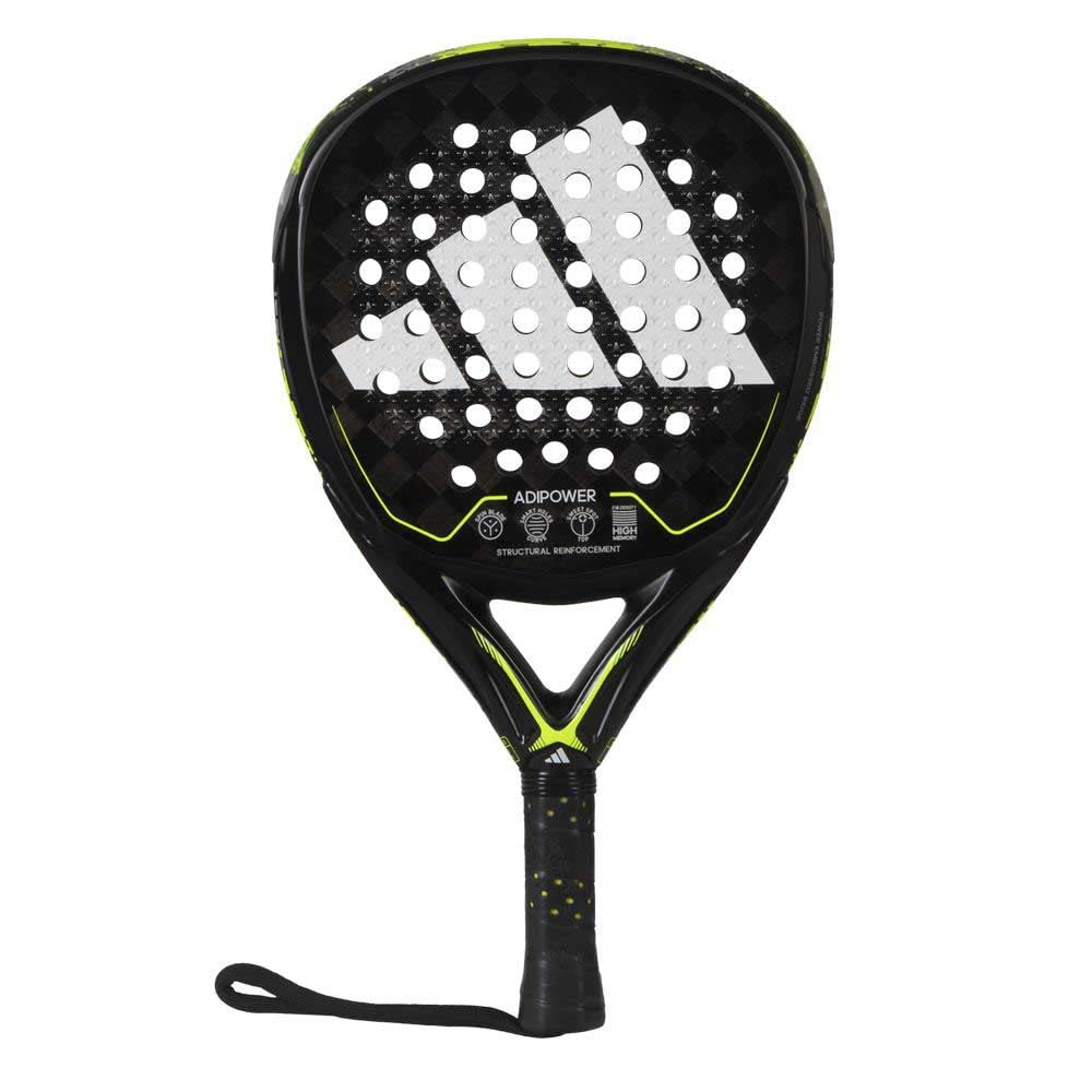 Adidas Adipower 3.2 racquet, featuring a diamond shape and textured surface for enhanced spin in padel sports.