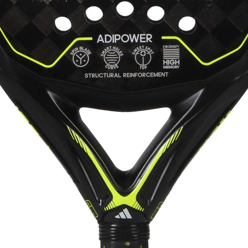 Adidas Adipower 3.2 paddle racket close-up showing structural features and logo.