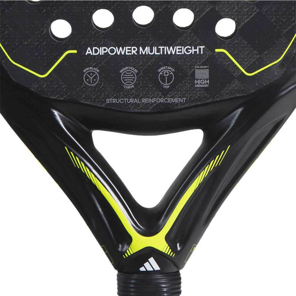 Adidas Adipower Multiweight paddle racquet close-up showing structural reinforcement and design details in black and yellow.