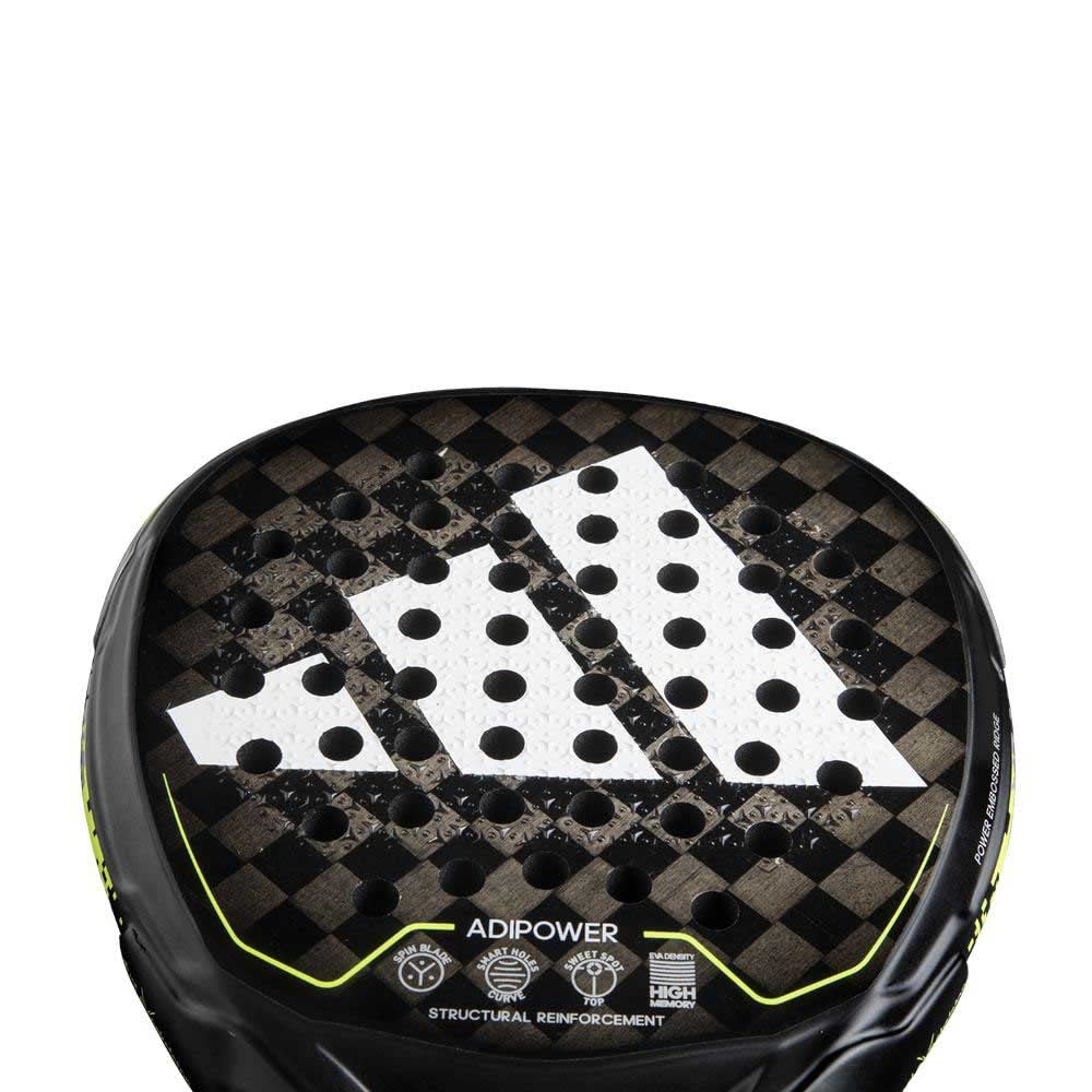 Close-up view of the Adidas Adipower 3.2 paddle racquet showing its textured surface and iconic logo.