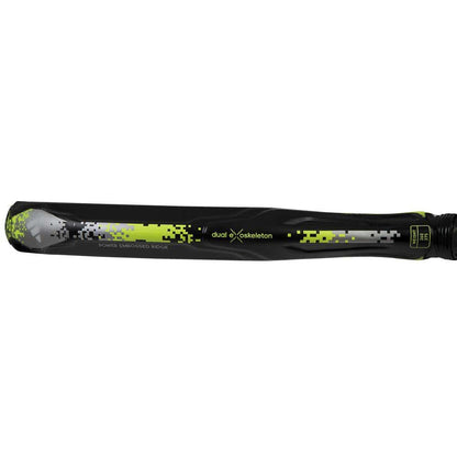 Adidas Adipower 3.2 racquet featuring a unique dual skeleton design in black and green.