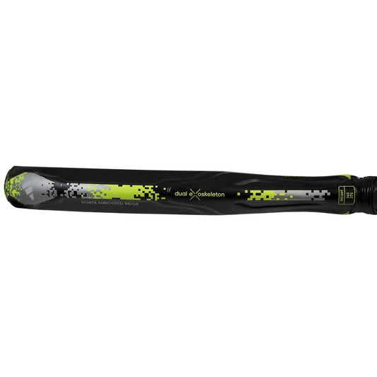 Adidas Adipower 3.2 racquet featuring a unique dual skeleton design in black and green.