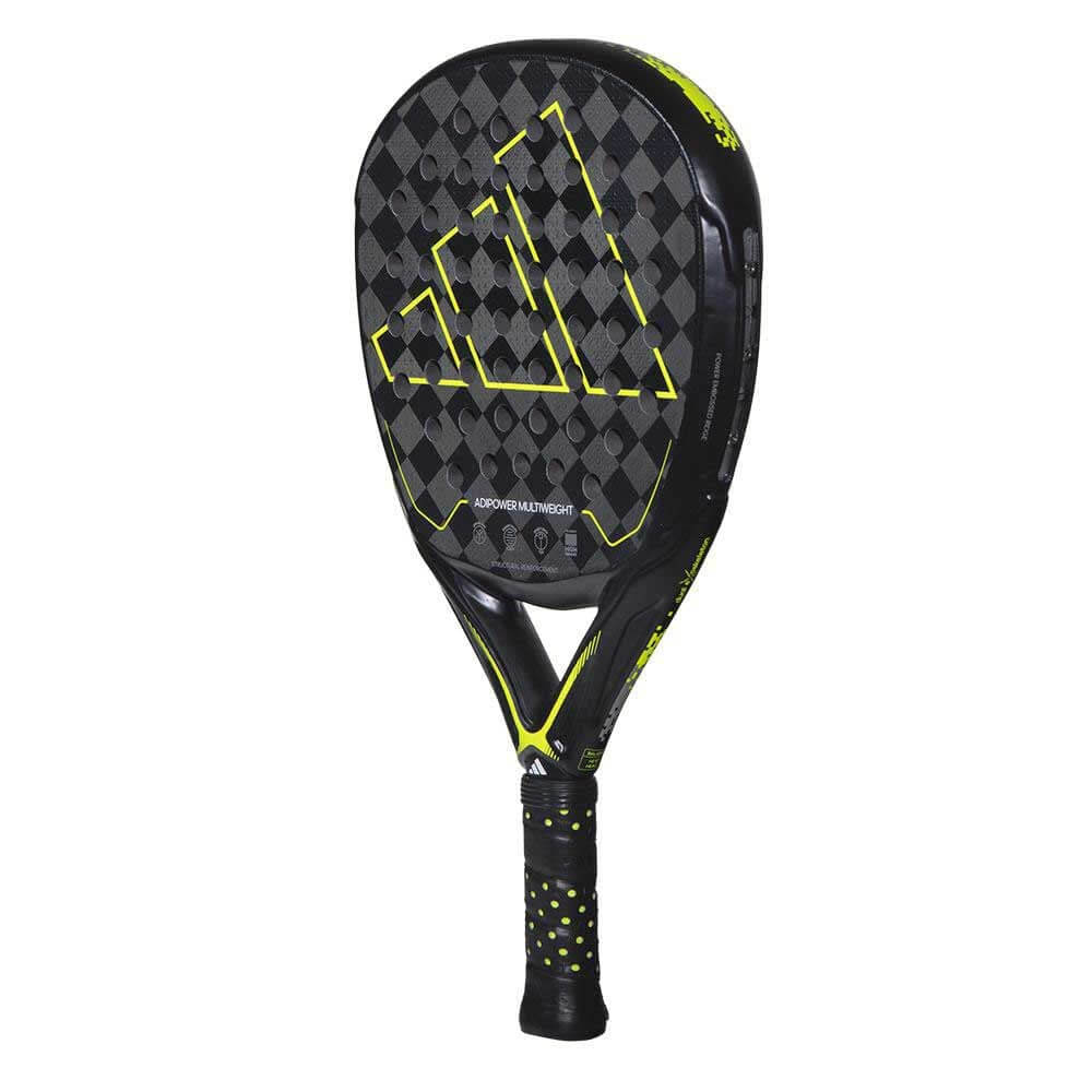 adidas Adipower Multiweight paddle racket in black and yellow, perfect for padel sports.