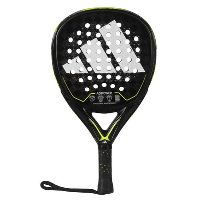 Adidas Adipower 3.2 racquet, featuring a diamond shape and textured surface for enhanced spin in padel sports.