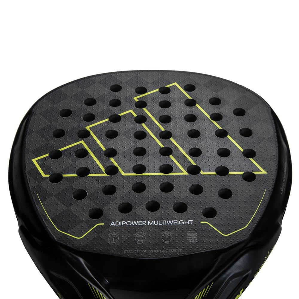 Top view of adidas Adipower Multiweight paddle featuring a black and yellow design with distinctive hole pattern.