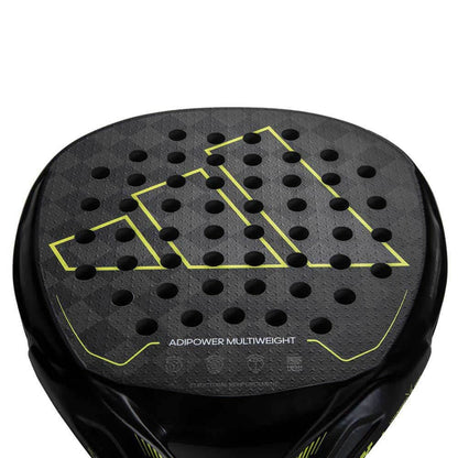 Top view of adidas Adipower Multiweight paddle featuring a black and yellow design with distinctive hole pattern.