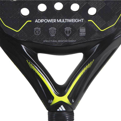 Adidas Adipower Multiweight paddle racquet close-up showing structural reinforcement and design details in black and yellow.