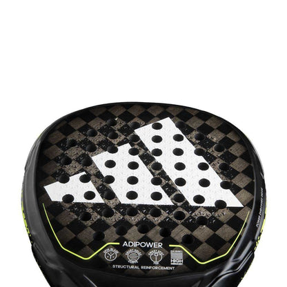 Close-up view of the Adidas Adipower 3.2 paddle racquet showing its textured surface and iconic logo.